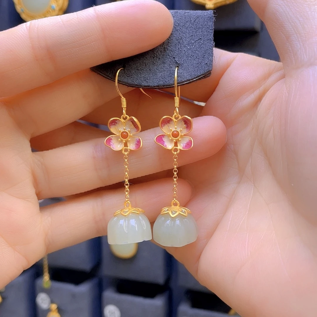 和田玉耳饰银S925镀金镶嵌