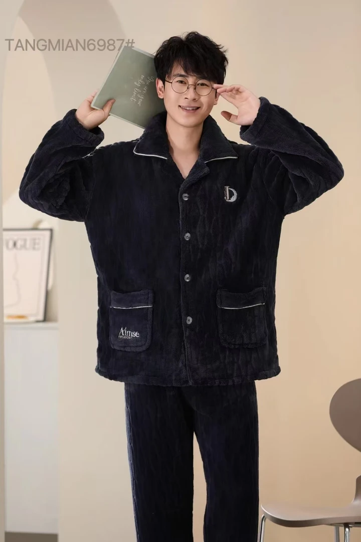 男士法兰绒睡衣冬款加厚保暖家居服套装