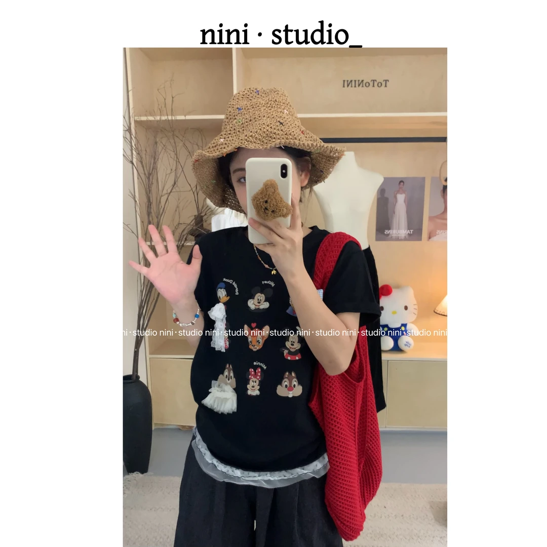 nini·米奇奇卡通蕾丝拼接韩系ins风短袖T恤