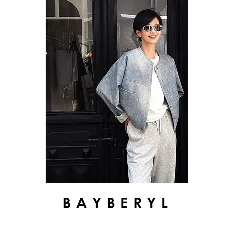 BAYBERYL老贝双版本*植鞣牛仔感分割排扣圆领秋皮衣PY5E2245-6/5