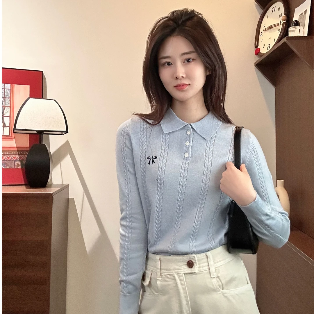 【Niche Young】 气质翻领长袖时尚百搭设计感针织  Y6042