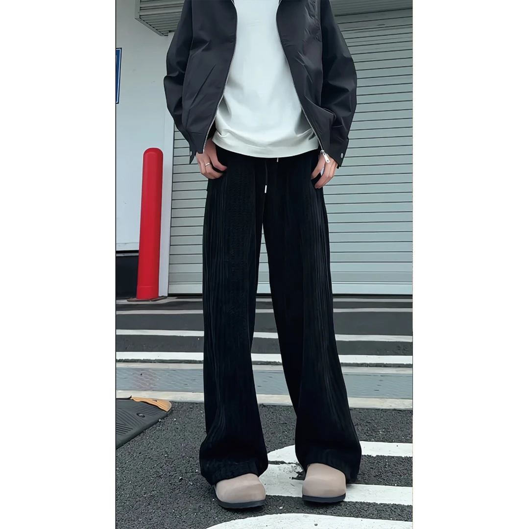 雪泥尔鱼骨纹运动卫裤男款秋季复古情侣潮牌阔腿裤弯刀微喇长裤子