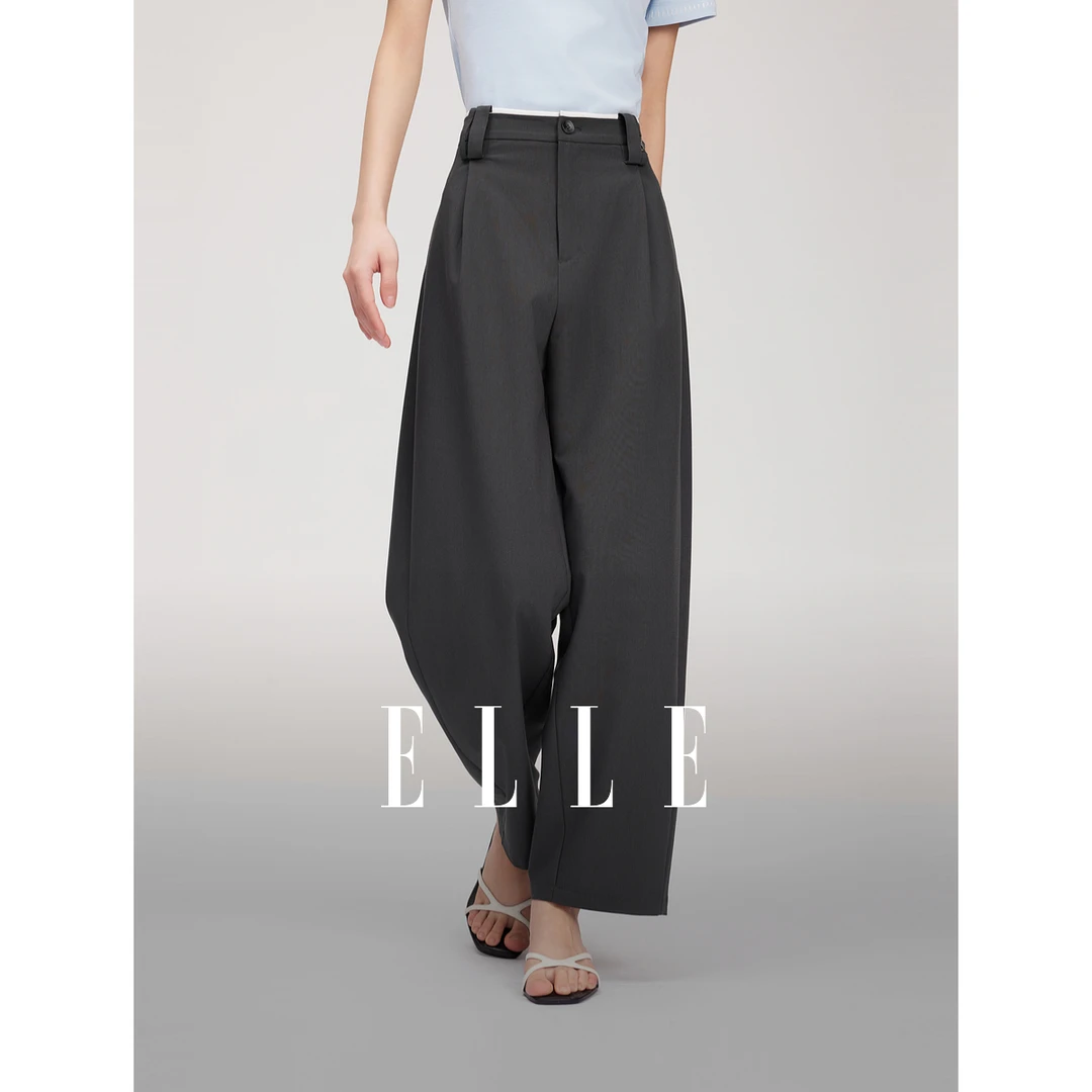 【专属】ELLE灰色休闲西装裤女2025夏季透气弯刀裤EK51330