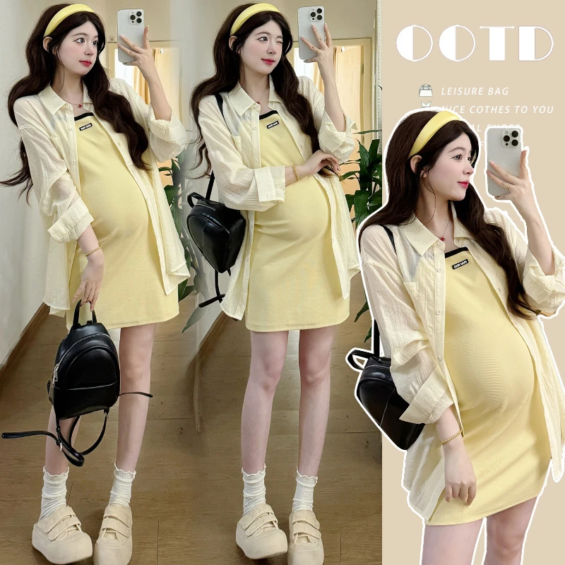 时髦孕妇装新款休闲甜美辣妈气质连衣裙肌理感防晒衣显瘦款两件套