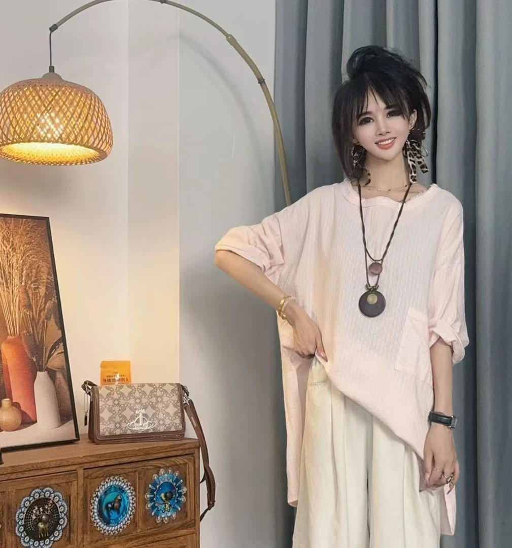 【沐木流浪记】（落雨）浅粉色提花圆领单口袋女衬衫Z