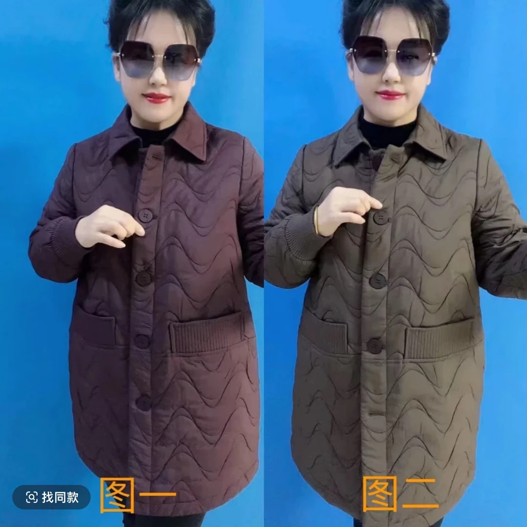 波纹压棉翻领中长款外套