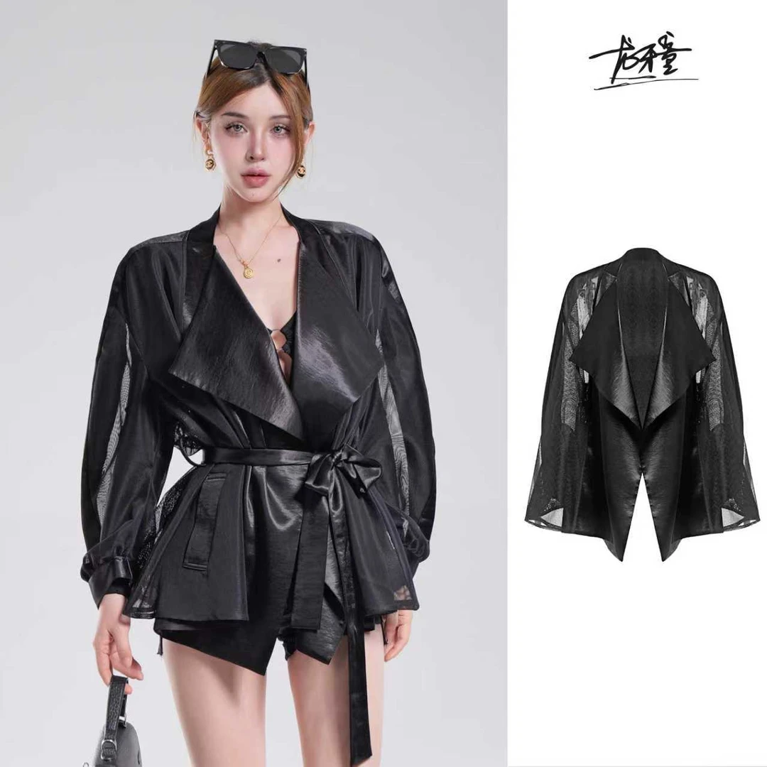 龙牙童推荐【透视风衣】显瘦韩系小个子风衣外套气质长袖性感黑色