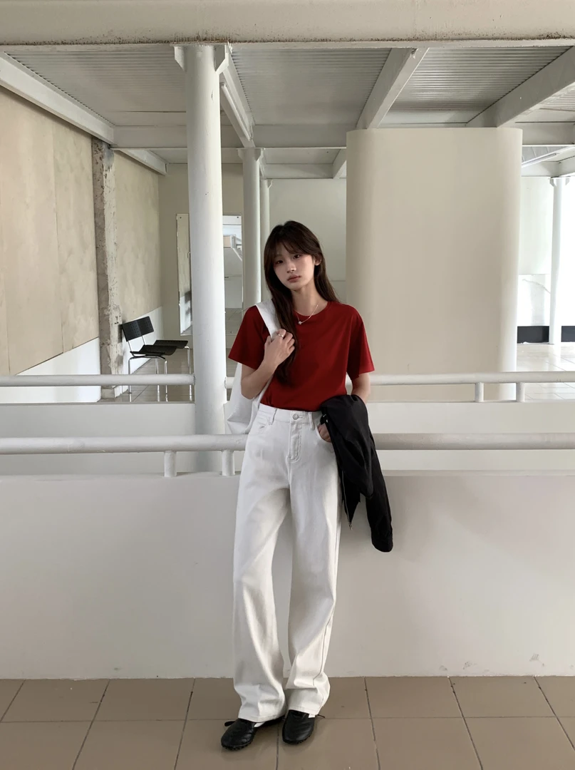 夏季浅色窄版阔腿牛仔裤白色女高腰宽松显瘦垂感直筒夏季百搭薄款