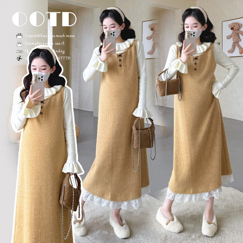 孕妇套装秋冬新款韩系蕾丝边黄色针织背心连衣裙搭配花边毛衣两件