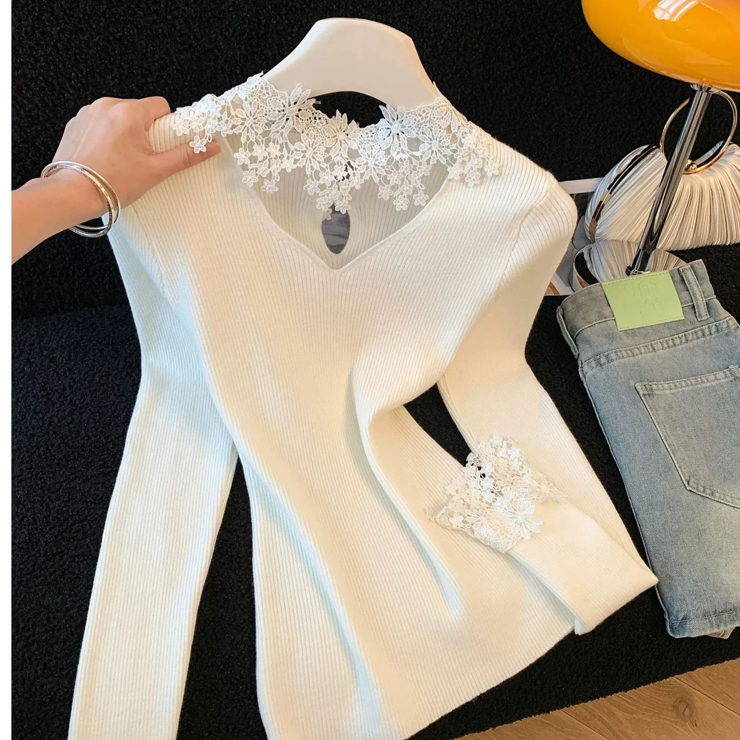 法式气质蕾丝提花拼接修身显瘦长袖上衣大码胖MM遮肉百搭打底衫女