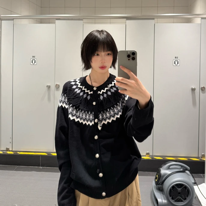 黑月光moonlight费尔岛复古开衫毛衣外套男女宽松慵懒针织衫