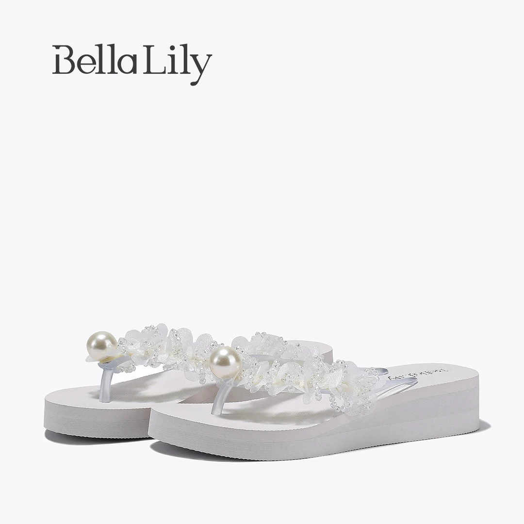 BellaLily2025夏季新款高级珠花夹趾拖度假风沙滩凉拖厚底女鞋潮