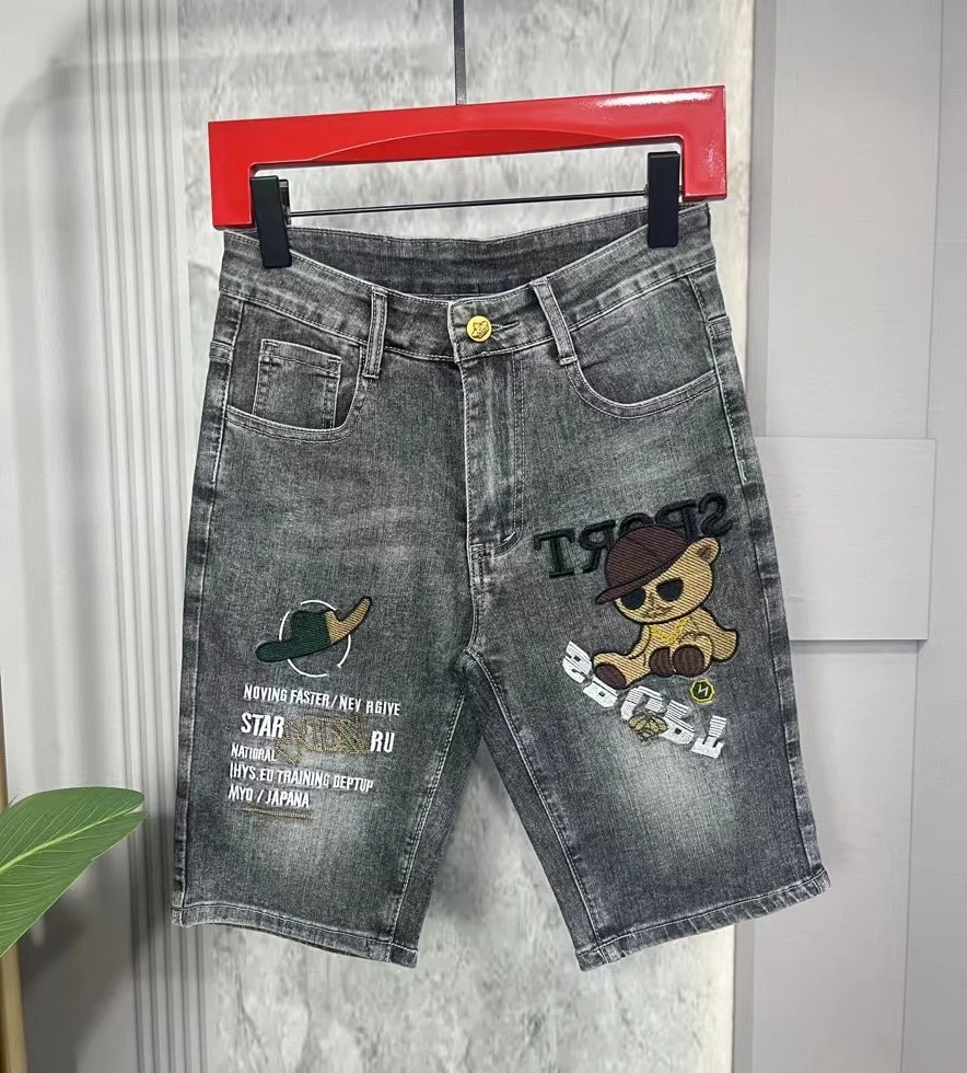 夏季男士全刺绣五分牛仔裤时尚休闲百搭潮流有弹力