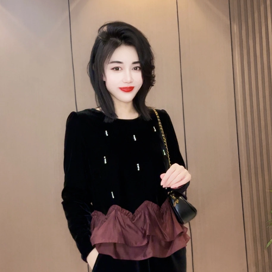 新款时尚减龄下摆丝绒衫上衣【欧货】6744