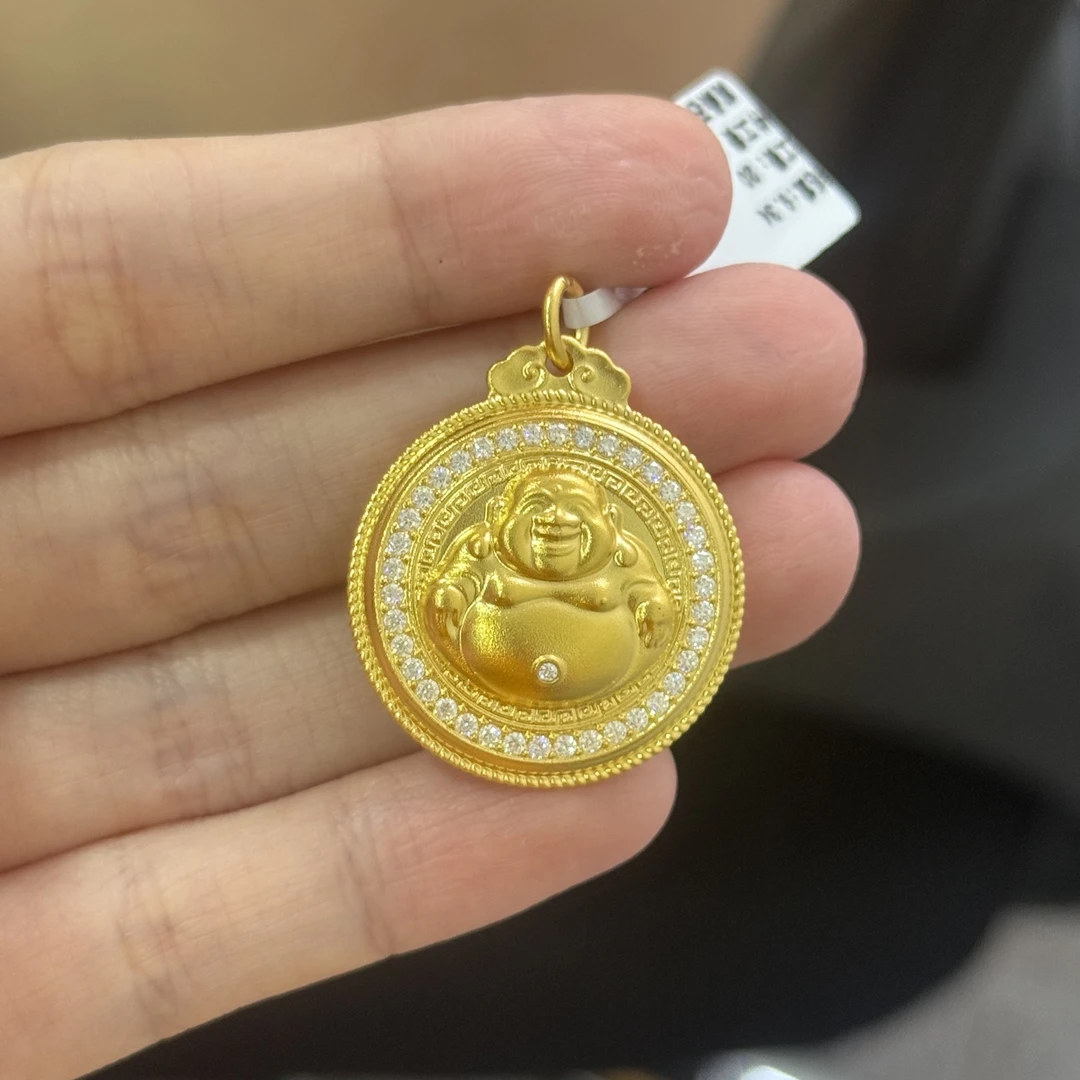 点钻大肚佛圆牌吊坠 足金999