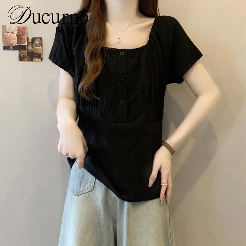 大码夏季法式方领遮肚子小众衬衫女胖妹妹收腰显瘦百搭上衣打底衫