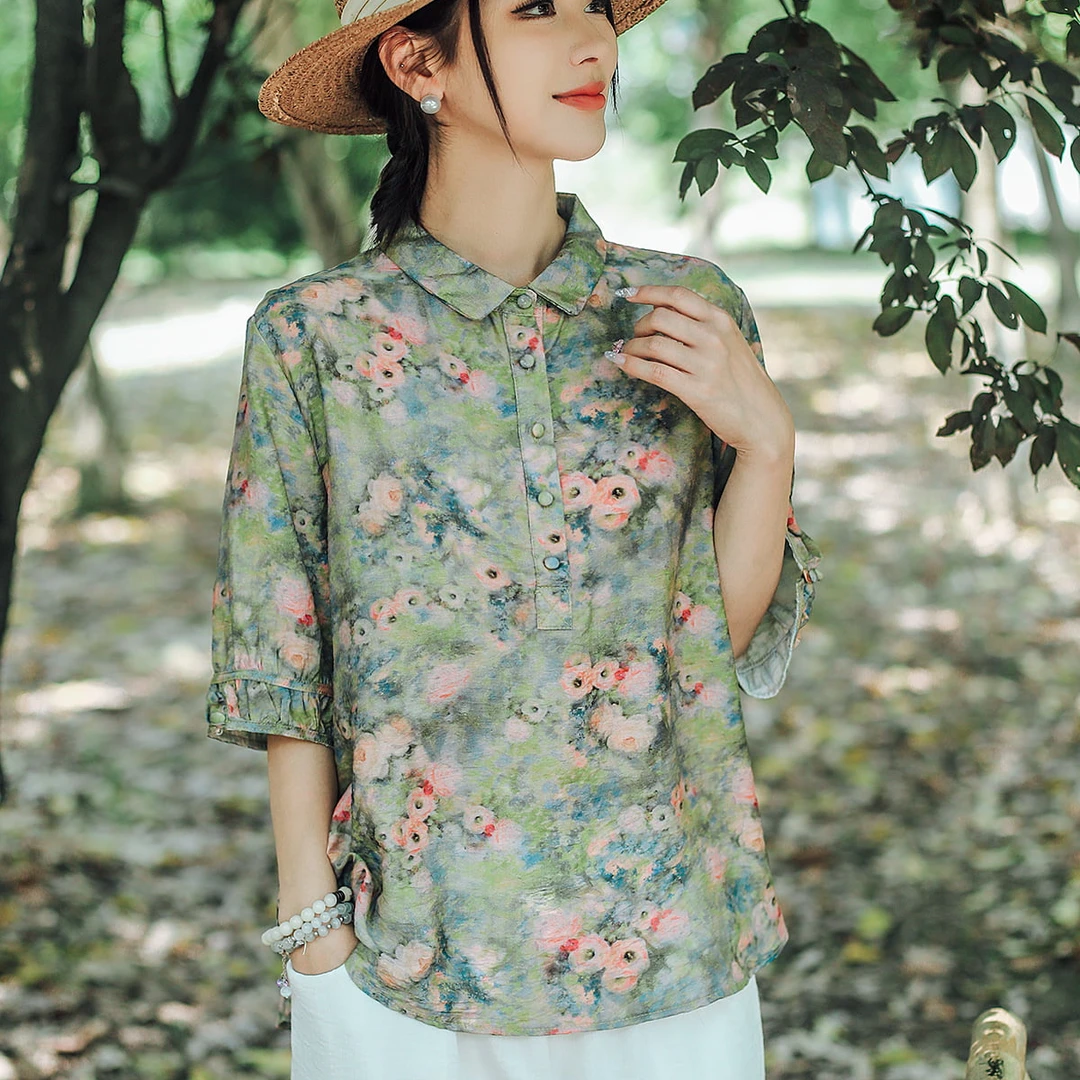 10416新款夏季印花翻领洋气减龄碎花衬衫QZ