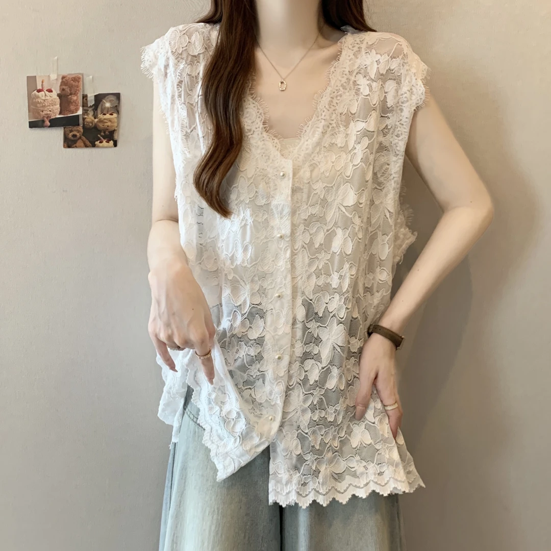 蕾丝花边镂空V领背心打底衫女夏2025大码胖mm中长款上衣外搭罩衫