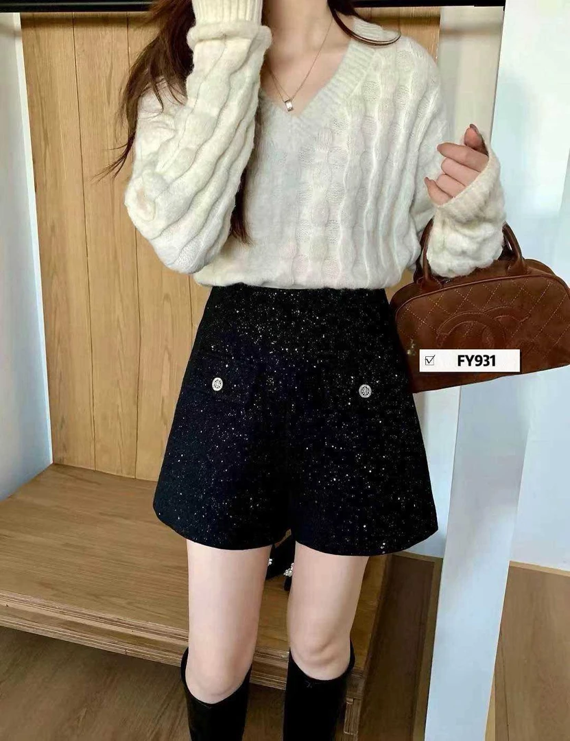 小香风亮丝毛呢阔腿短裤女秋冬外穿打底靴裤亮片休闲A字裤