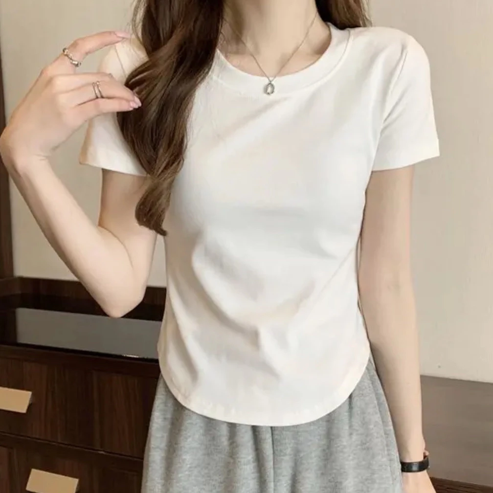 白色圆领正肩短袖t恤女甜辣妹褶皱收腰修身百搭短款多巴胺上衣潮