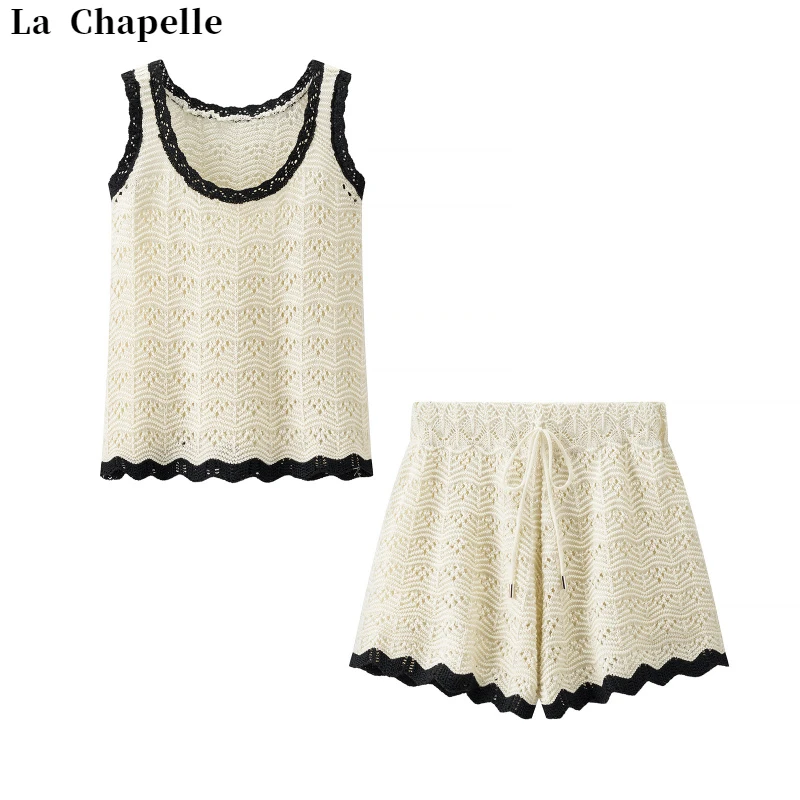 La Chapelle/拉夏贝尔休闲风无袖圆领T恤温柔风宽松短裤时尚套装
