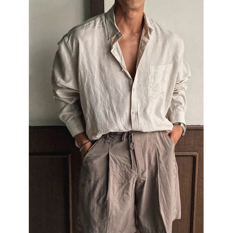 老风复古亚麻衬衫男夏季薄款慵懒松弛感防晒衬衣长袖高级感外套