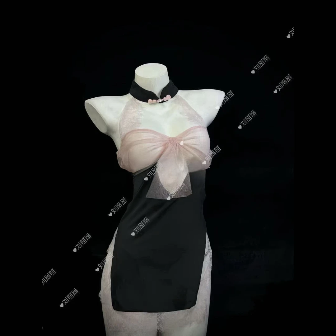 枕小眠【梦幻丝语】纯欲风女神千金蝴蝶结蕾丝网纱挂脖美背半身裙