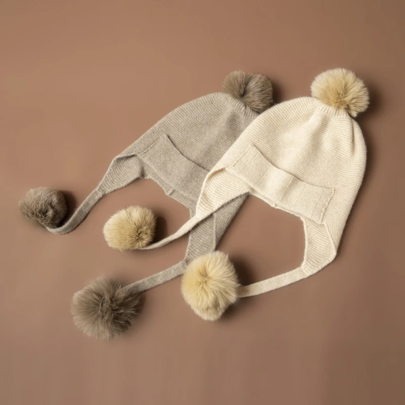 100%山羊绒帽子女秋冬冷帽5针三股线针织帽毛球帽子女款冬季保暖