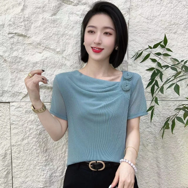 T恤宽松中老年夏季常规款褶皱打底衫洋气显瘦中袖堆堆领休闲026