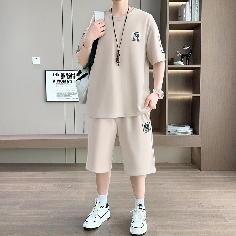 夏季新款男士穿搭两件套宽松半袖家居服短袖T恤短裤休闲运动套装