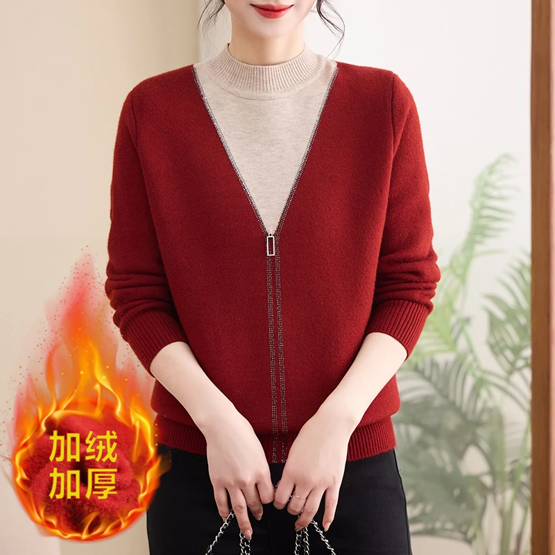 【丽姐家】秋冬加绒加厚针织毛衣女士百搭宽松保暖冬季上衣