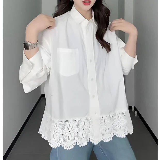 2025春季新款白色衬衫长袖小众蕾丝拼接下摆上衣女内搭叠穿设计感