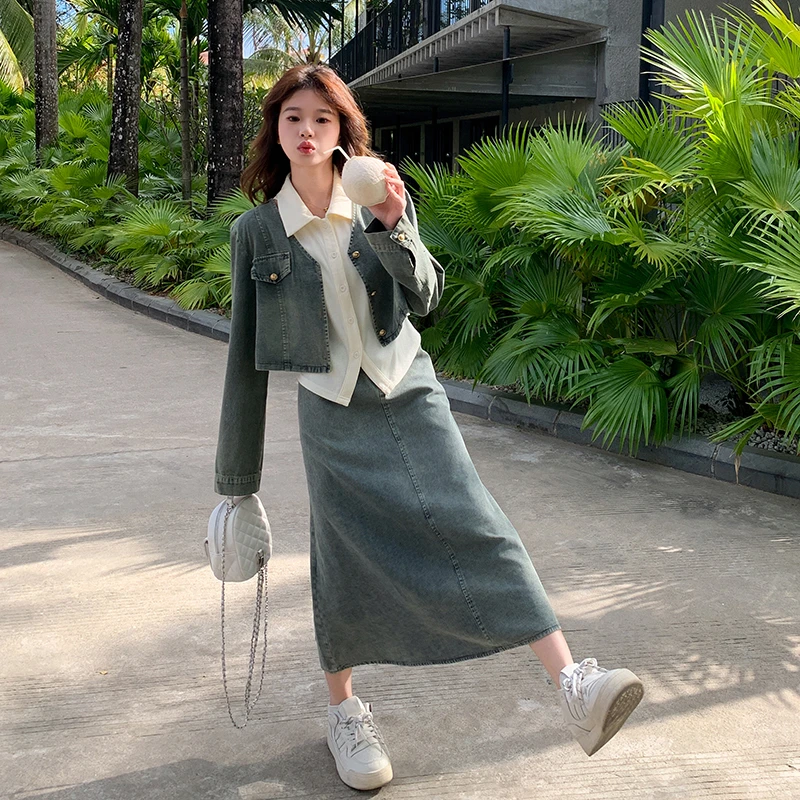 韩版学院风牛仔套装裙女2025春季新款时尚短外套马甲半身裙三件套