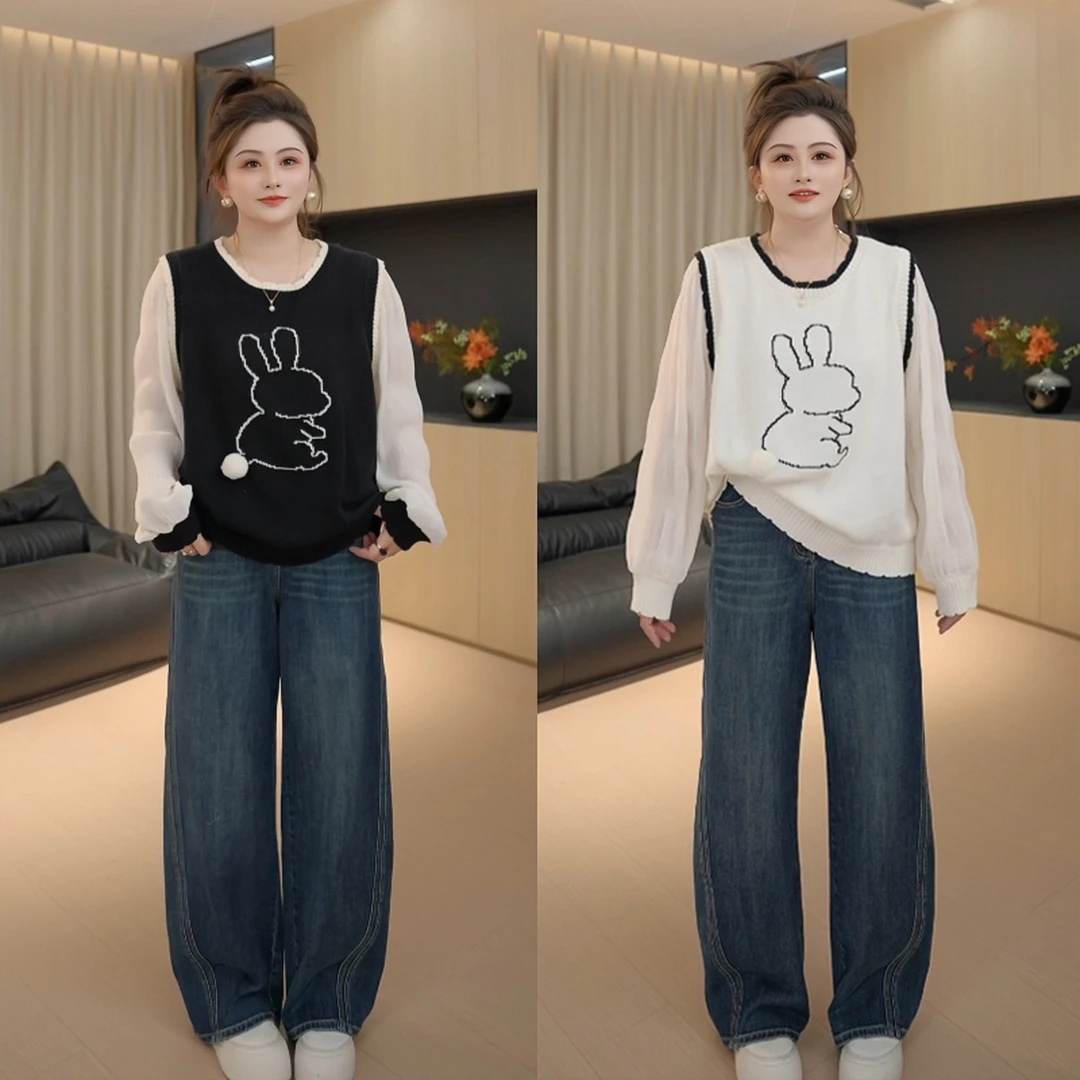 【胖佳佳】现货~奇遇记 秋季时尚假两件基础款打底针织衫H625Z14844