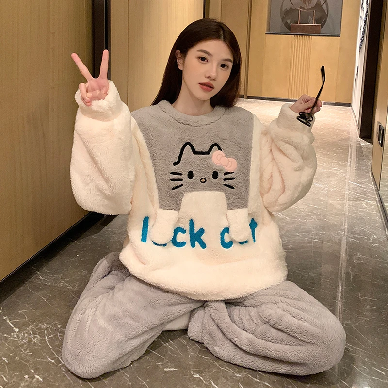 珊瑚绒睡衣女长袖秋冬季初中学生13-15岁少女孩大童卡通可爱套装