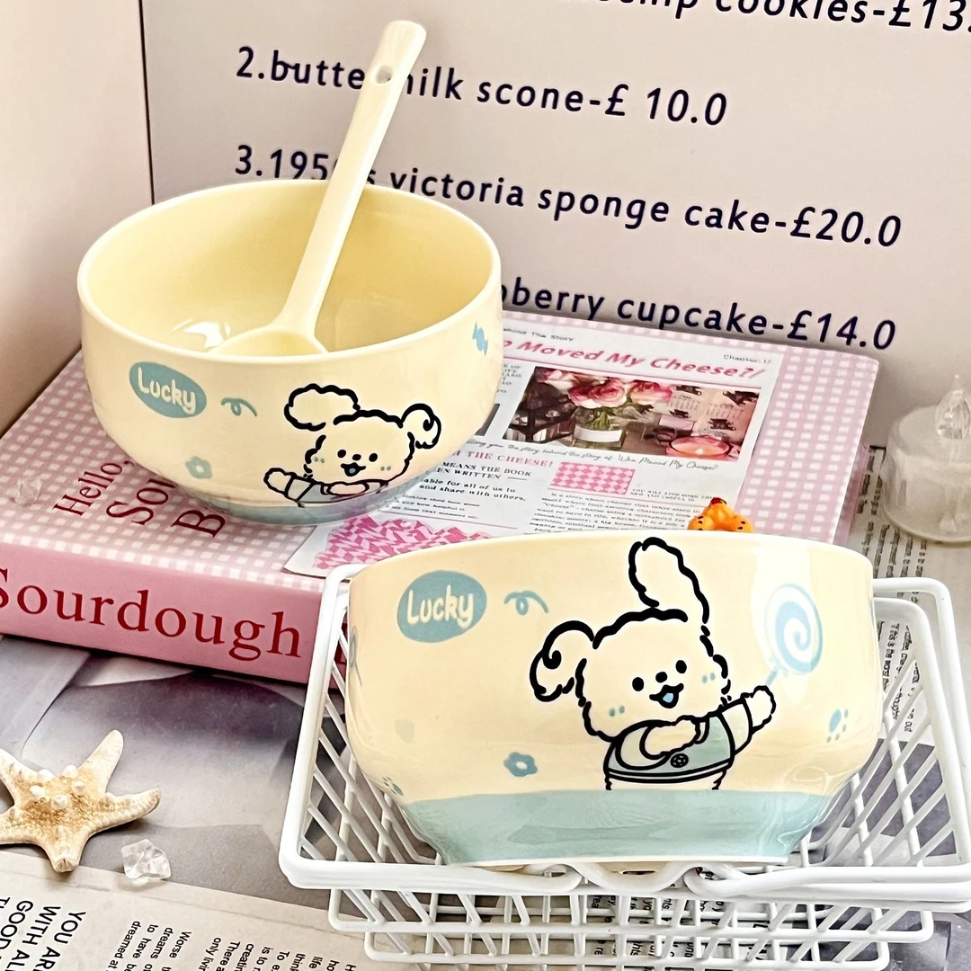 少女心奶油棒棒糖小狗可颂碗餐具家用高颜值陶瓷釉下彩饭碗甜品碗