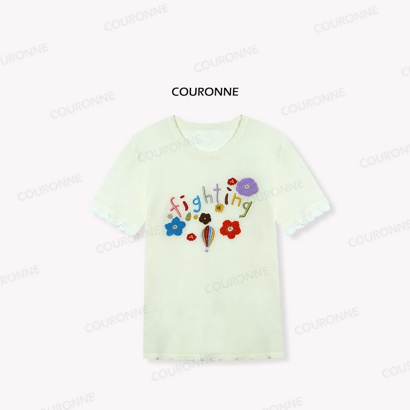 【夏日花续】夏季新款艺术感图案短袖毛织T恤休闲衣服女慵懒风34504