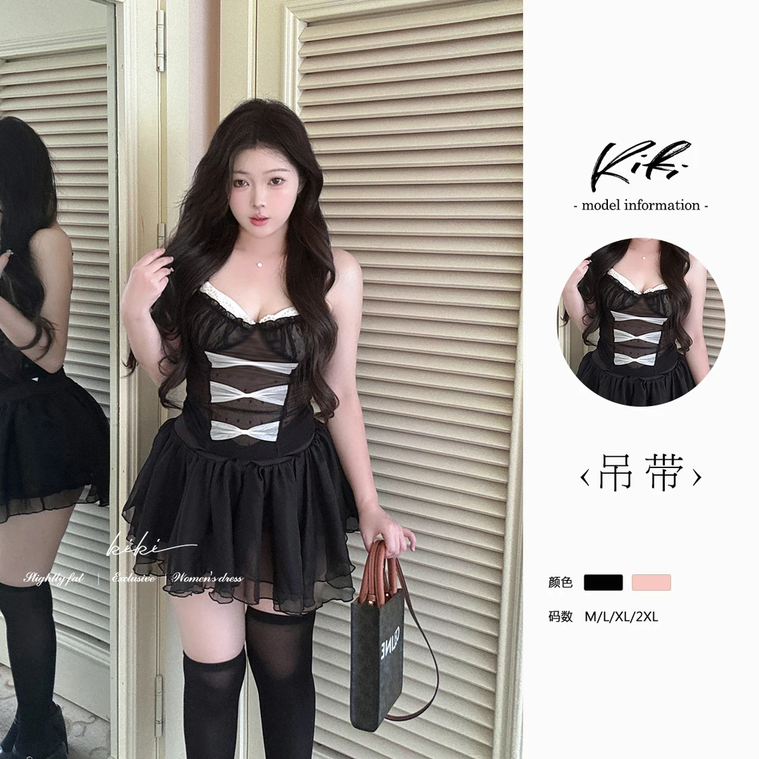 KIKI欲控芭比假两件蕾丝蝴蝶结吊带背心女辣妹外穿上衣(带胸垫