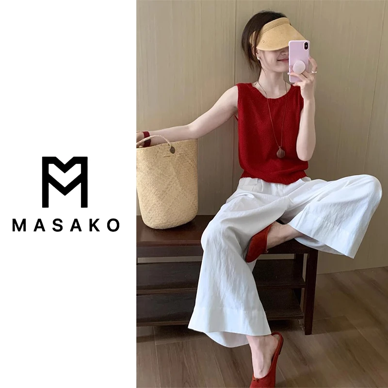 夏日绝美清冷松弛感穿搭红色背心亚麻长裤两件套装夏季女2025新款