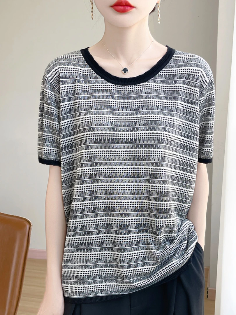 针织衫夏季莱赛尔短袖针织衫打底衫针织衫气质天丝黑白提花NJR