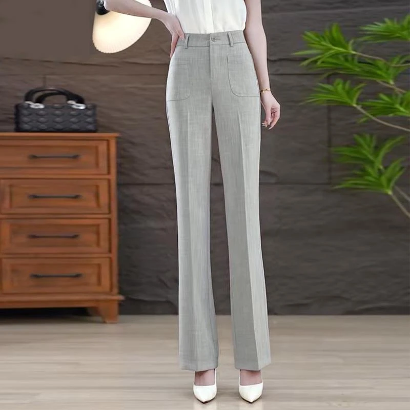 微喇裤时尚2025瘦高显垂感新款女冰洋气丝麻休闲裤春夏腰薄款西裤