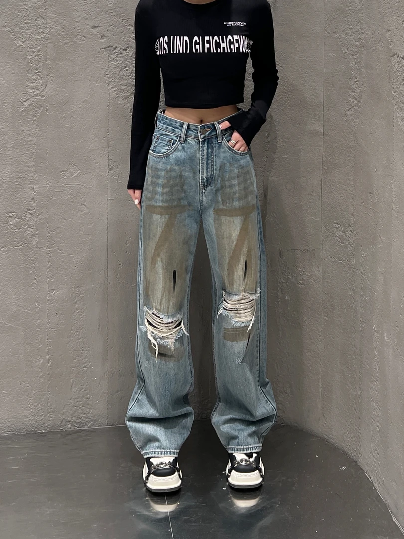 【粉丝专属】3121假破洞涂抹设计中高腰牛仔裤