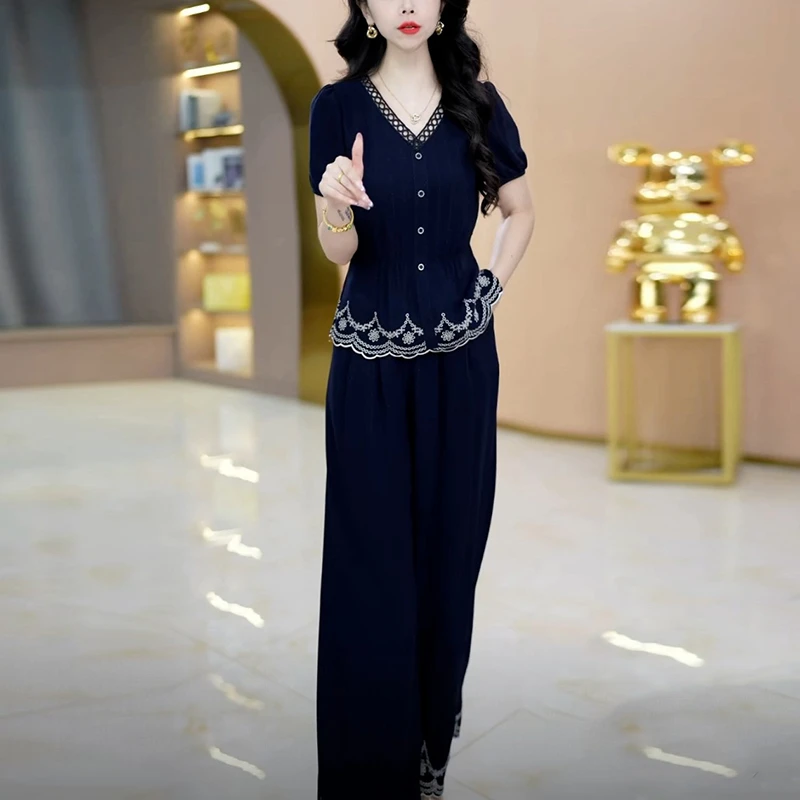 轻奢气质高贵夏季国风套装女装新款2025爆款洋气显瘦阔腿裤两件套