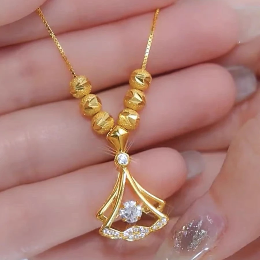 铜合金锆石吊坠 灵动六珠银杏叶吊坠项链轻奢时尚百搭小众精美