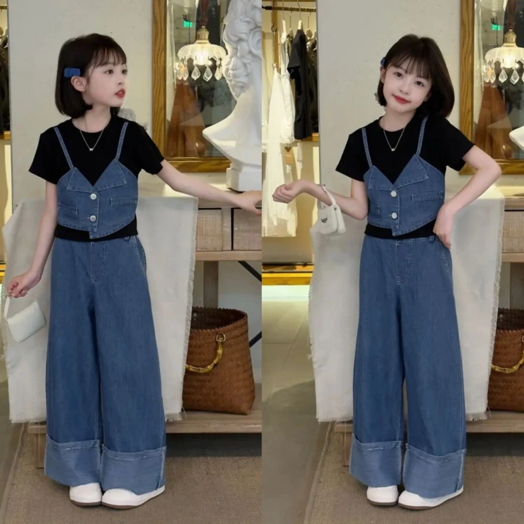 女童夏季牛仔套装儿童女网红阔腿裤休闲两件套2025新款洋气小女孩