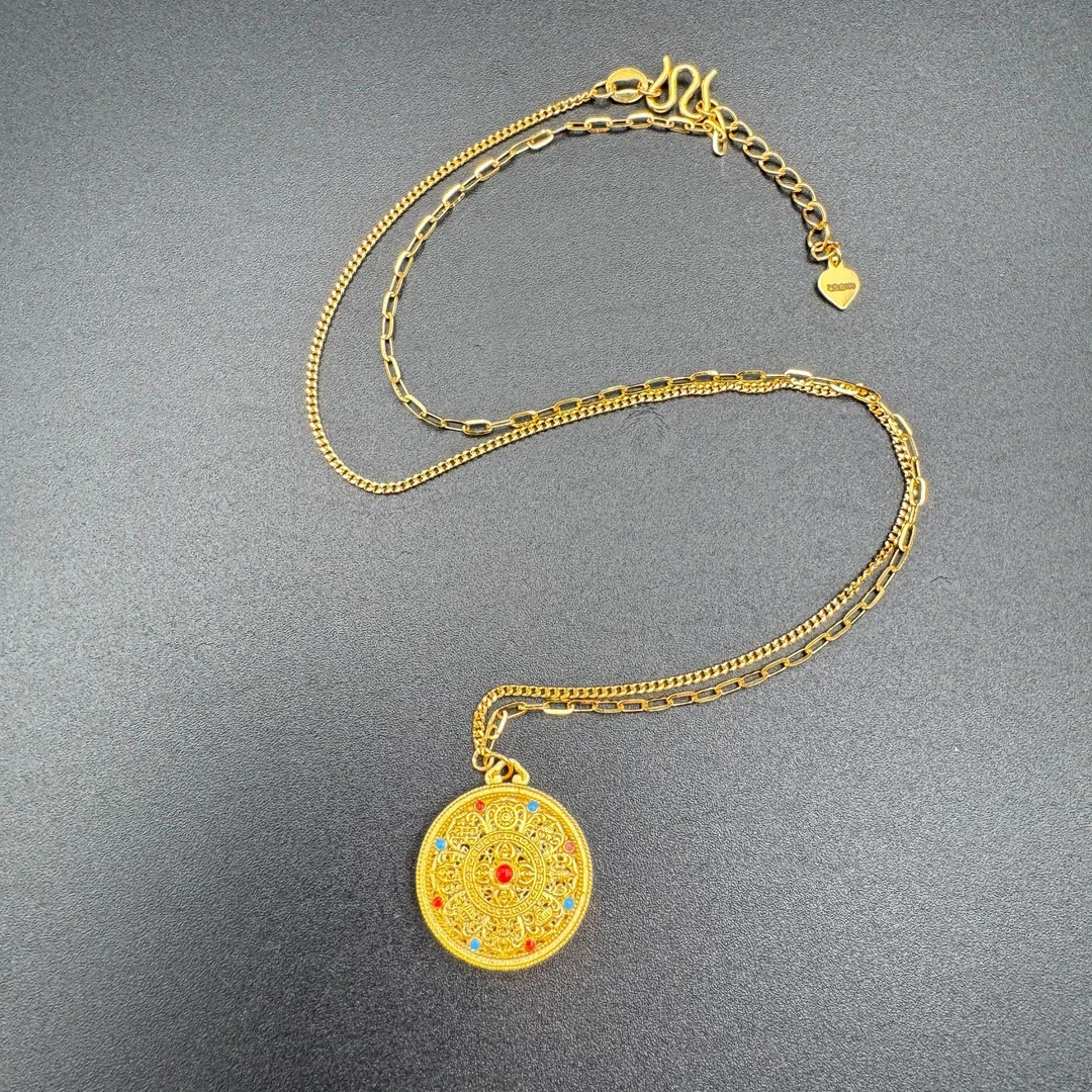 足金999 黄金珐琅彩 八宝罗盘镂空套链