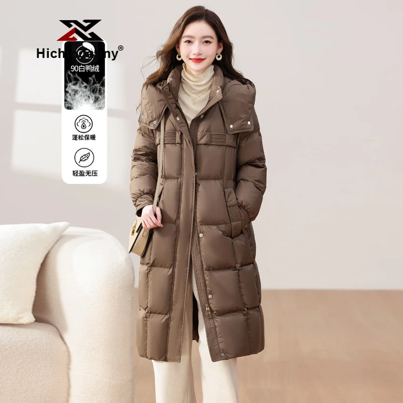 HICHIN中长款羽绒服女韩版宽松连帽冬季新款白鸭绒休闲羽绒衣外套