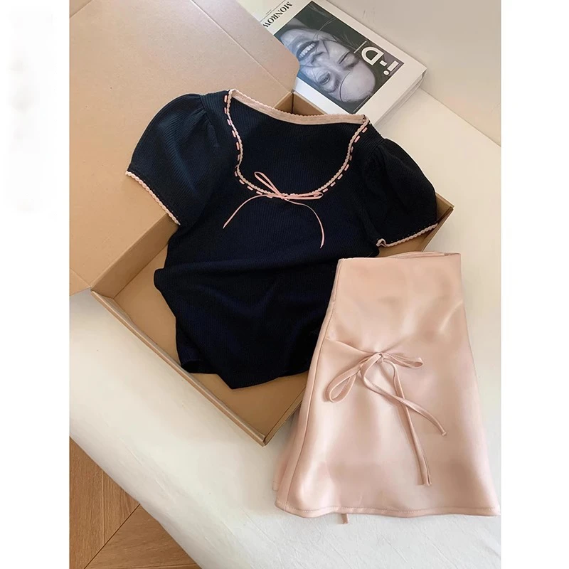 2025夏季粉色绑带半身裙女高腰短裙黑色短款针织衫两件套装气质潮