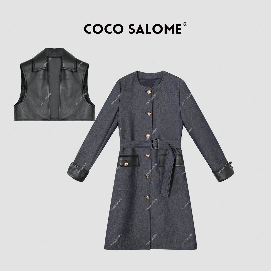 韩彬彬"巴黎夜雨"外套拼接两件套带腰带品质女装长款风衣4082-10