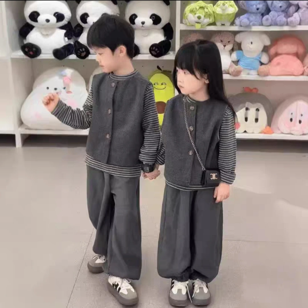 秋季套装2025新款男女童秋装森系马甲条纹打底衫裤子亲子三件套